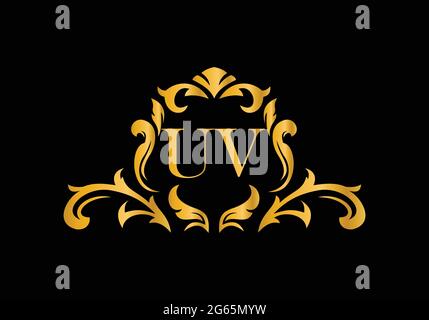 Luxury Alphabet letters UV. Golden Floral alphabet . Monogram initials perfectly for wedding invitations, greeting card, logo, and other design. Stock Vector