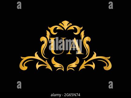 Luxury Alphabet letters UA. Golden Floral alphabet . Monogram initials perfectly for wedding invitations, greeting card, logo, and other design. Stock Vector