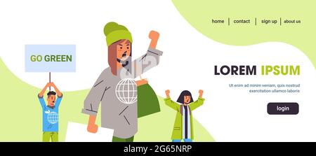 environmental activists holding poster go green save planet strike concept protesters campaigning to protect earth demonstrating against global Stock Vector