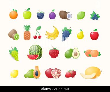 set various fresh juicy fruits collection healthy natural food concept horizontal Stock Vector