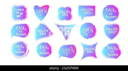 set welcome back come in we are open stickers coronavirus quarantine is over advertising campaign Stock Vector