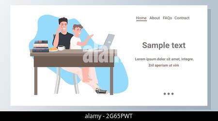 father with son sitting at workplace using laptop spending time together during coronavirus quarantine Stock Vector