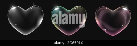 Set of realistic transparent pink, rainbow and white vector soap bubbles shaped as heart. Romantic glossy soapy heart. Valentine day symbol. Black Stock Vector