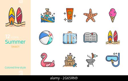 Summer beach colored line icon set vector illustration. Stock Vector