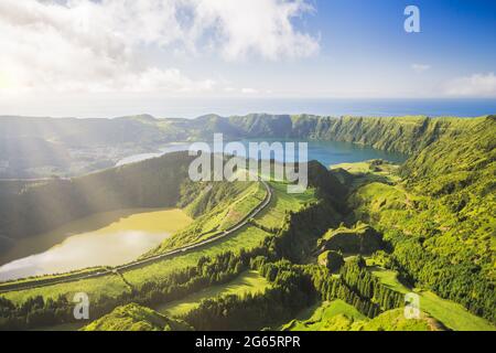 View of Sete Cidades near Miradouro da Grota do Inferno viewpoint, Sao Miguel Island, Azores, Portugal. Stock Photo