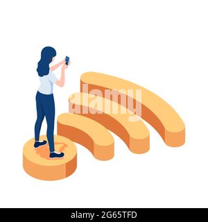 Flat 3d Isometric Woman Standing on Wifi Symbol and Using Smartphone. Internet Connection and Wireless Communication Concept. Stock Vector