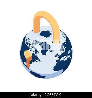 Flat 3d Isometric World with Lock and Keyhole. Wolrd Lockdown During Covid-19 Pandemic Concept. Stock Vector