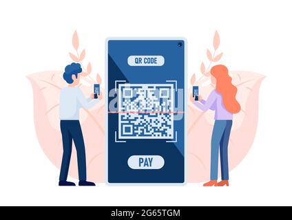 People Use Smartphone Scanning QR Code to Payment. Qr Code Verification Technology Concept. Stock Vector