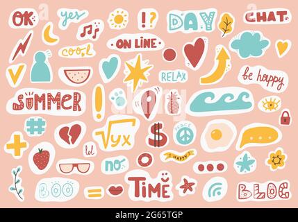 Cute sticker template decorated with cartoon image and trendy lettering. Signs, symbols, objects for scheduler or organizer Stock Vector