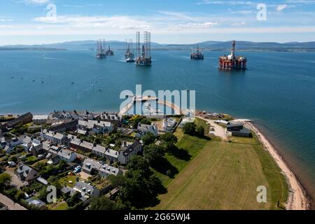 Aerial view of Nigg Bay and Cromarty village on the Black Isle which sits at the mouth of the Cromarty Firth, Ross and Cromarty, Scotland, UK. Stock Photo