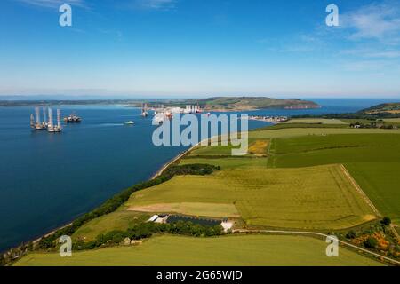 Aerial view of Nigg bay at the mouth of the Cromarty Firth, Ross and Cromarty, Scotland, UK. Stock Photo