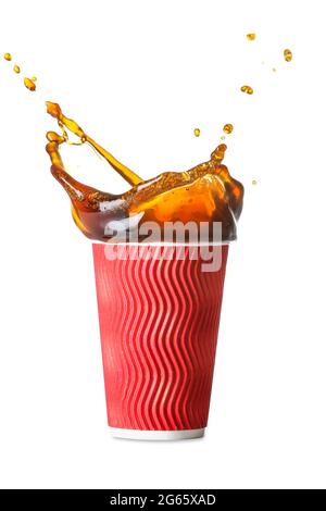 Splash of coffee in paper cup on white background Stock Photo