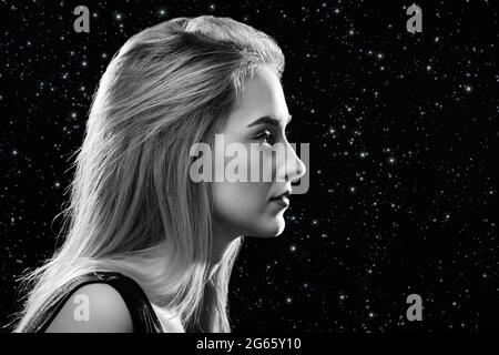 Sad Female Profile Silhouette On Stars Sky, Monochrome Image Stock Photo,  Picture and Royalty Free Image. Image 52073129.