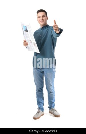 young man showing newspaper with fake news isolated on white Stock ...