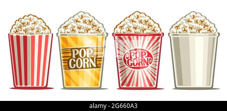 Vector set of Popcorn Buckets, decorative cut out illustrations of buckets homemade salted popcorn, banner with 4 different popcorns for fastfood cafe Stock Vector