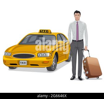 Illustration of the young man with luggage and taxi car Stock Vector