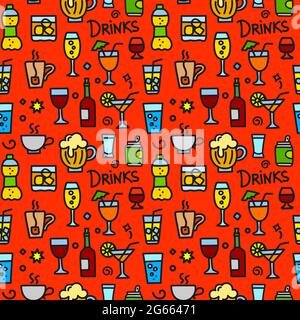 illustration of the different drinks and beverages colorful seamless pattern Stock Vector