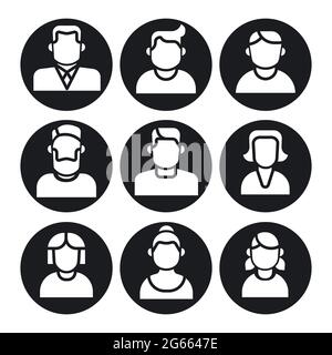 illustration of the set of female and male avatars black and white icons on the white background Stock Vector