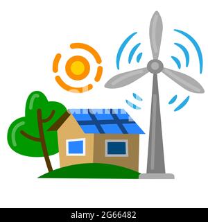Illustration of the Eco Green Farming Home and Windmill Turbine Icon. Stock Vector
