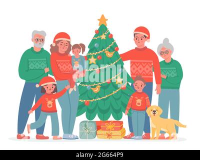 Big christmas family. Grandma, grandpa, mom and dad, kids and dog in sweaters and santa hat. Vector family portrait with decorated pine tree Stock Vector