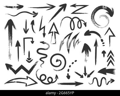 Grunge arrow. Rough textured zig zag arrows and curved direction pointers. Doodle paint stroke and sketch scribble arrow brushes vector set Stock Vector