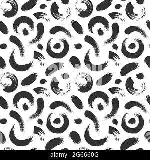 Brush strokes seamless pattern. Grunge curved lines, circles an dots texture. Abstract modern brushstroke scribbles and smudges vector print Stock Vector
