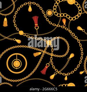 Golden chains seamless pattern. Print with chain belt, gold necklace, jewel bracelet with pendant and tassel. Luxury fashion vector ornament Stock Vector