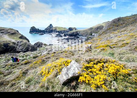 The scene at Kynance Cove on The Lizard in Cornwall as tourists began to return to the coast after lockdown in April 2021 Stock Photo