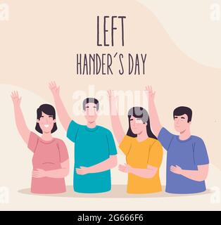 Happy left handers day with people with hands up Stock Vector