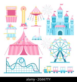 Amusement park attractions flat vector illustrations set. Cartoon ferris wheel, roller coaster and tickets booth. Fairground, funfair design elements Stock Vector