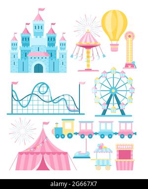 Vector illustrations set of Amusement park attractions flat. Cartoon ferris wheel, roller coaster and tickets booth. Fairground, funfair design Stock Vector