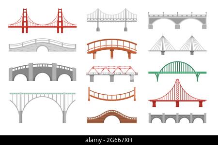 Different bridges flat vector illustrations set. Various bridgeworks isolated on white background. Big urban and small wooden bridges pack. Huge city Stock Vector