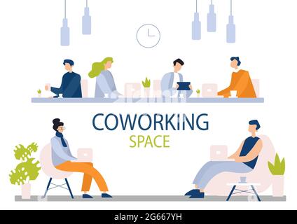 Coworking space flat vector illustration. Office, workplace, teamwork and cooperation. Colleagues, coworkers, office managers working together Stock Vector