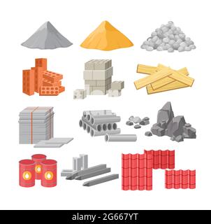 Building materials flat vector illustrations set. Cement, sand and gravel piles. Construction, renovation works supplies. Bricks and timber isolated Stock Vector