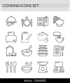 Cooking accessories, kitchen equipment, utensil and cutlery simple line outline icons set Stock Vector