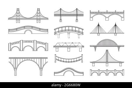 Vector illustration set of bridges icons. Types of bridges. Linear style icon collection of different bridges. Possible use in infographic design Stock Vector