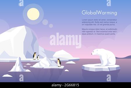 Global warming vector banner template. North Pole, melting glaciers, penguins and polar bear on ice floe flat illustration with text space. Climate Stock Vector