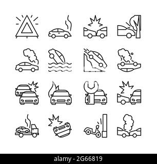 Vector illustration of road accident icon set. Collection of line icons of different types car crash, passenger car, motorcycle and bus, linear design Stock Vector
