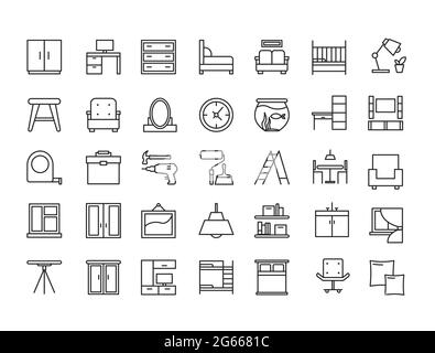 Furniture, devices and decor object outline line icon vector illustration set Stock Vector