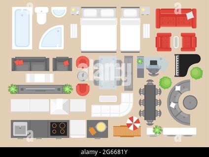 Apartment furniture flat vector illustrations set. Modern style house interior decor design elements pack. Contemporary bedroom, bathroom, kitchen and Stock Vector
