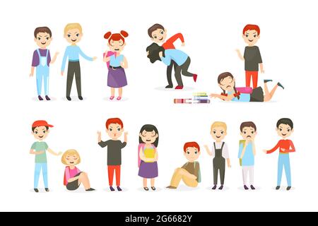 School bullying flat vector illustrations set. Physical and psychological abuse, classroom conflicts. Fighting children, teasing pupils cartoon Stock Vector