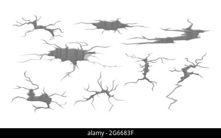 Set of different deep crack on surface monochrome cartoon vector illustration Stock Vector