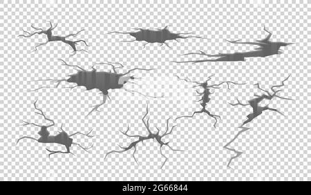 Cracks vector realistic illustrations set. Ruined wall, destruction, damaged ground surface, earthquake consequences. 3D fractures, fissures Stock Vector