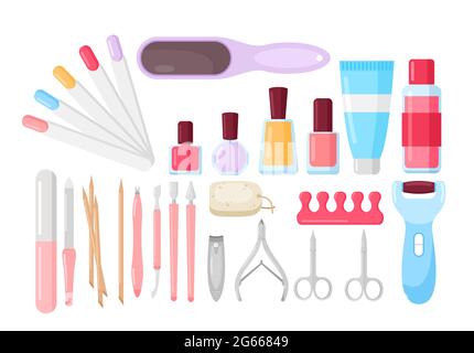 Manicure, pedicure tools and products color flat design vector illustration set Stock Vector