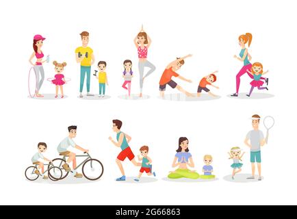 Sport activity flat vector illustrations set. Active leisure, exercises, athletic lifestyle. Fitness and yoga, cycling and running. Parents and Stock Vector