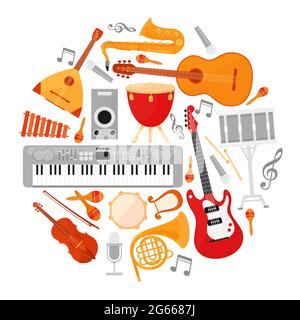 Acoustic and electronic music instruments flat vector illustrations set. Guitars drum with sticks isolated on white background. String and wind Stock Vector