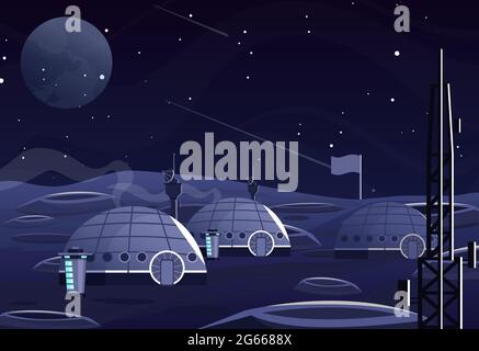 Moon surface flat vector illustration. Earth satellite exploration, planet research. Cosmos, universe, galaxy, starry night sky. Astronomical Stock Vector