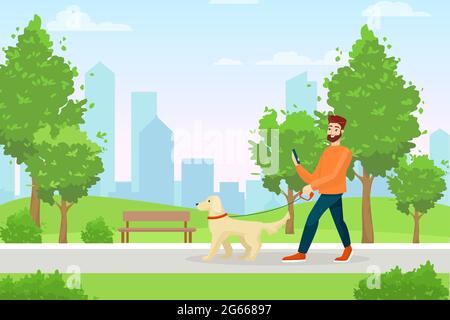 Man with dog flat vector illustration. Morning stroll, summertime city recreation, leisure in park. Guy walking pet character in cartoon style, young Stock Vector