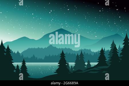 Mountains and lake at night landscape flat vector illustration. Nature scenery with fir trees and hill peaks silhouettes on horizon. Valley, river and Stock Vector