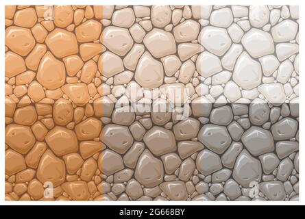 Stone surface vector seamless patterns set. Multicolor rocks, cobblestone textures collection. Orange, brown and grey stone wall background. Vintage Stock Vector